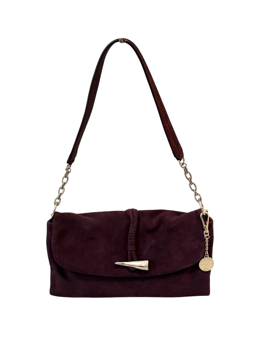 Donna Karan New York Women's Burgundy Red Suede Flap Shoulder Bag Gold Horn